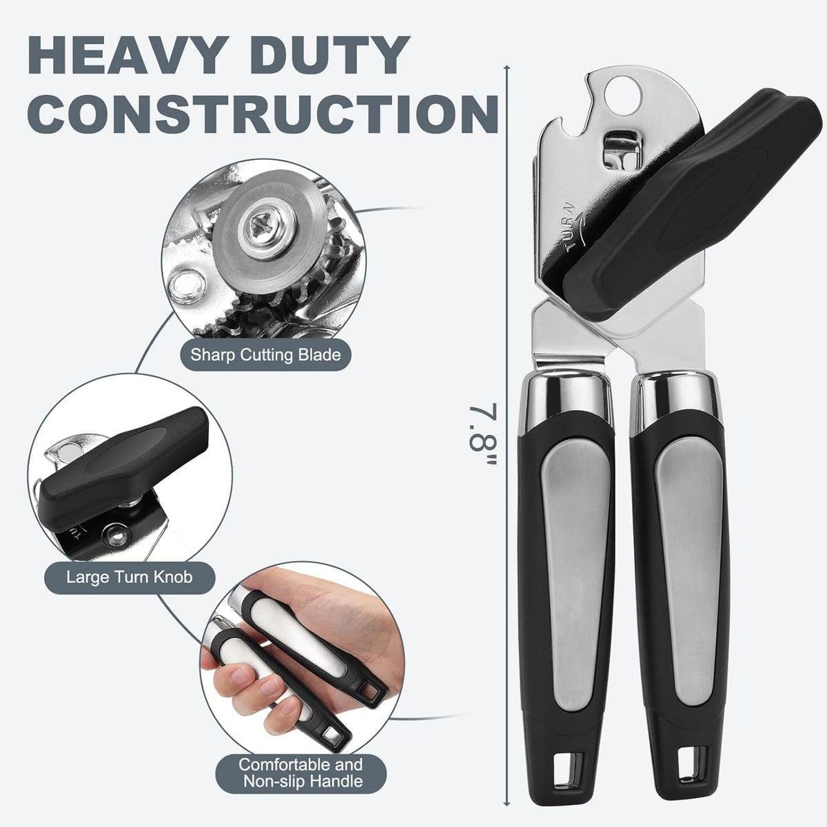 Manual Can Opener with Stainless Steel Sharp Blade, 3-in-1 Multifunction Handheld Can Opener and Bottle Opener, Soft Ergonomic Cushioned Handle