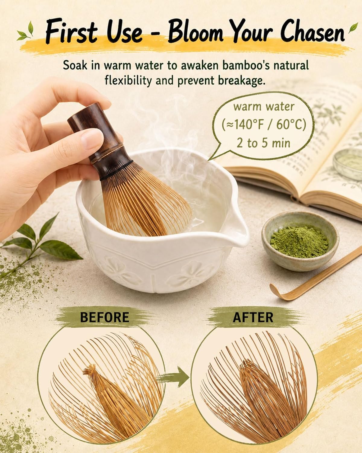Matcha Whisk Set, Ceramic Matcha Set Includes Matcha Bowl and Matcha Whisk | Holder, Spout, Bamboo Scoop, Sifter and Tea Towel - 6 Pcs Matcha Kit Gift for Matcha Lovers Beginners