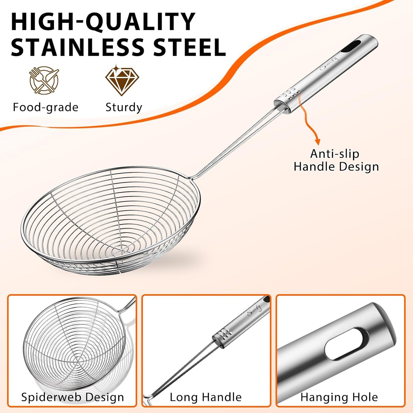 Spider Strainer Set of 3 Asian Strainer Ladle Stainless Steel Wire Skimmer Spoon with Handle for Kitchen Frying Food, Pasta, Spaghetti, Noodle-30.5cm, 32cm, 35cm