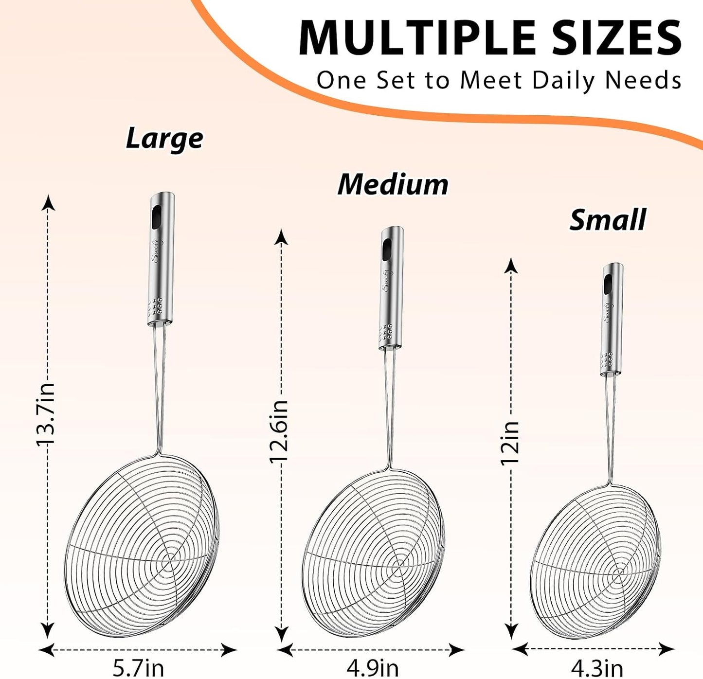 Spider Strainer Set of 3 Asian Strainer Ladle Stainless Steel Wire Skimmer Spoon with Handle for Kitchen Frying Food, Pasta, Spaghetti, Noodle-30.5cm, 32cm, 35cm