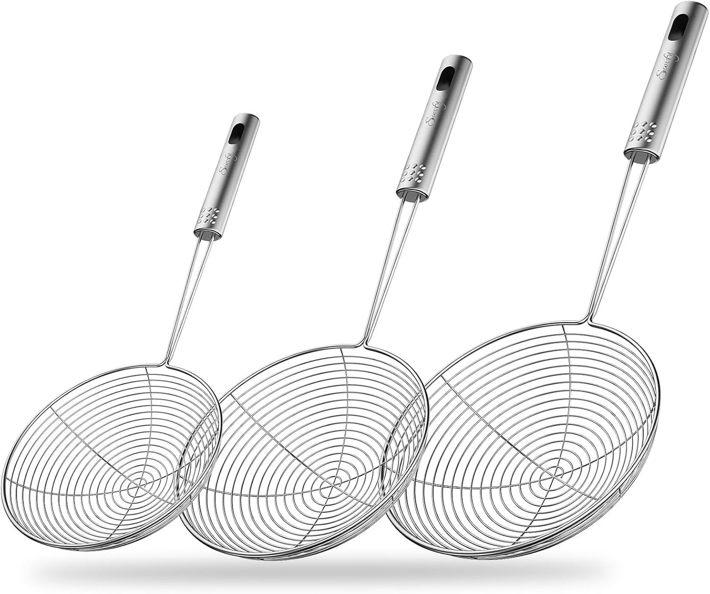 Spider Strainer Set of 3 Asian Strainer Ladle Stainless Steel Wire Skimmer Spoon with Handle for Kitchen Frying Food, Pasta, Spaghetti, Noodle-30.5cm, 32cm, 35cm
