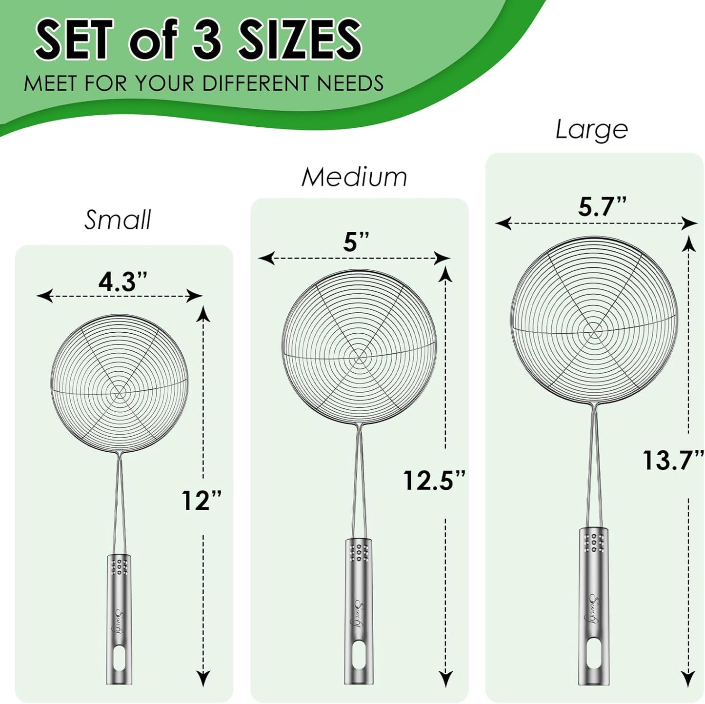 Spider Strainer Set of 3 Asian Strainer Ladle Stainless Steel Wire Skimmer Spoon with Handle for Kitchen Frying Food, Pasta, Spaghetti, Noodle-30.5cm, 32cm, 35cm