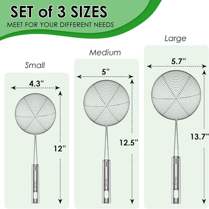 Spider Strainer Set of 3 Asian Strainer Ladle Stainless Steel Wire Skimmer Spoon with Handle for Kitchen Frying Food, Pasta, Spaghetti, Noodle-30.5cm, 32cm, 35cm