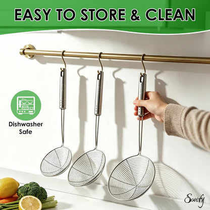 Spider Strainer Set of 3 Asian Strainer Ladle Stainless Steel Wire Skimmer Spoon with Handle for Kitchen Frying Food, Pasta, Spaghetti, Noodle-30.5cm, 32cm, 35cm