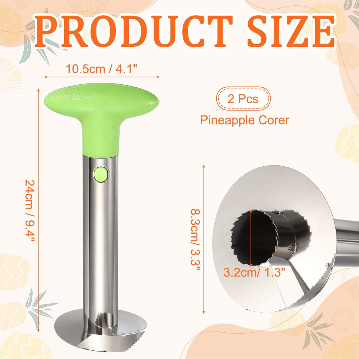 2Pcs Pineapple Corer 9.4x4.1" Stainless Steel Upgraded Core Green
