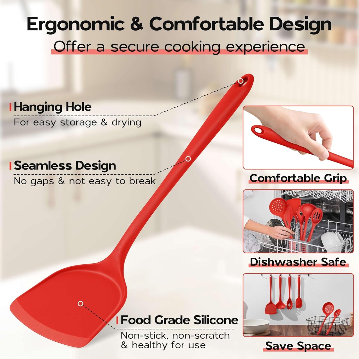 Silicone Cooking Utensils Set, 10 Pieces Black Kitchen Utensils for Nonstick Cookware, Non Toxic & Dishwasher Safe