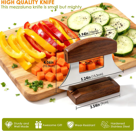 Ulu Knife, Sharp Rocker Mezzaluna Knife with Wooden Stand for Salad, Vegetables, Pizza Cutter Rocker, Mezzaluna Chopper, Super Sharp Blade, Small