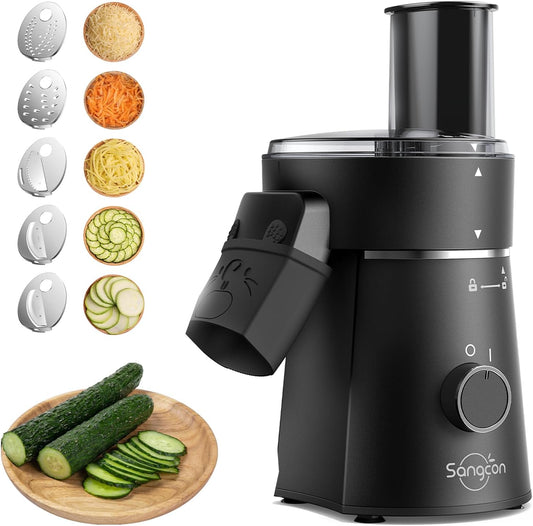 Electric Cheese Grater for Block Cheese, 5-in-1 Automatic Salad Shooter & Vegetable Slicer with 5 Stainless Steel Blades, One-Touch Countertop Electric Grater for Cheese, Vegetables, Nuts