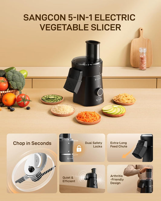Electric Cheese Grater for Block Cheese, 5-in-1 Automatic Salad Shooter & Vegetable Slicer with 5 Stainless Steel Blades, One-Touch Countertop Electric Grater for Cheese, Vegetables, Nuts