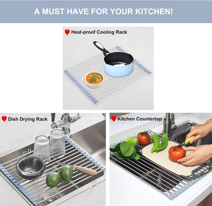 Over The Sink Dish Drying Rack, Roll Up Dish Drying Rack Kitchen Dish Rack Stainless Steel Sink Drying Rack, Foldable Dish Drainer, Gray (20.4''x13.7'')
