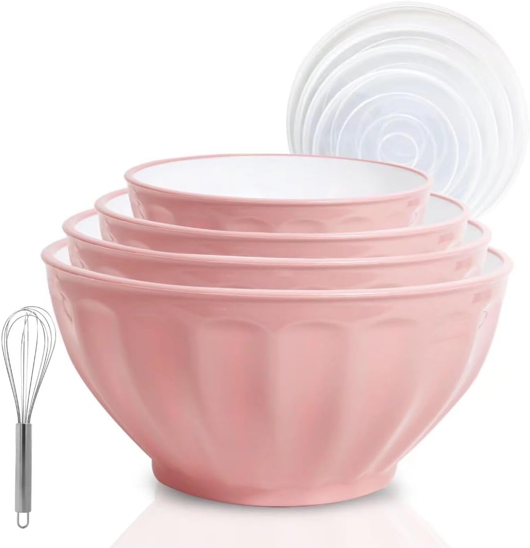 Mixing Bowls with Lids Set,Plastic Prep Bowl with Lid,Mixing Bowl Set for Kitchen Cooking, Baking,Storage Food,4 Big Nesting Bowls and 1 Egg Whisk,Stackable，Green