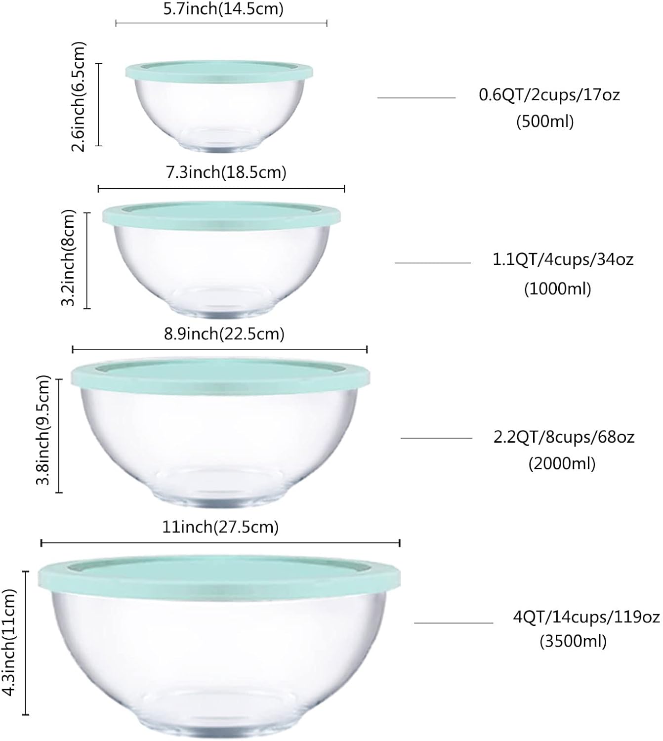 Glass Mixing Bowls with Lids Set, 8 Pieces Glass Salad Bowl Set with Lids(0.6QT,1.1QT,2.2QT,4QT) High Brosilicate Microwave Bowls for Kitchen Baking, Prepping Serving and Storage, Great Gift