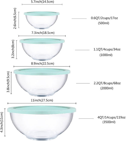 Glass Mixing Bowls with Lids Set, 8 Pieces Glass Salad Bowl Set with Lids(0.6QT,1.1QT,2.2QT,4QT) High Brosilicate Microwave Bowls for Kitchen Baking, Prepping Serving and Storage, Great Gift