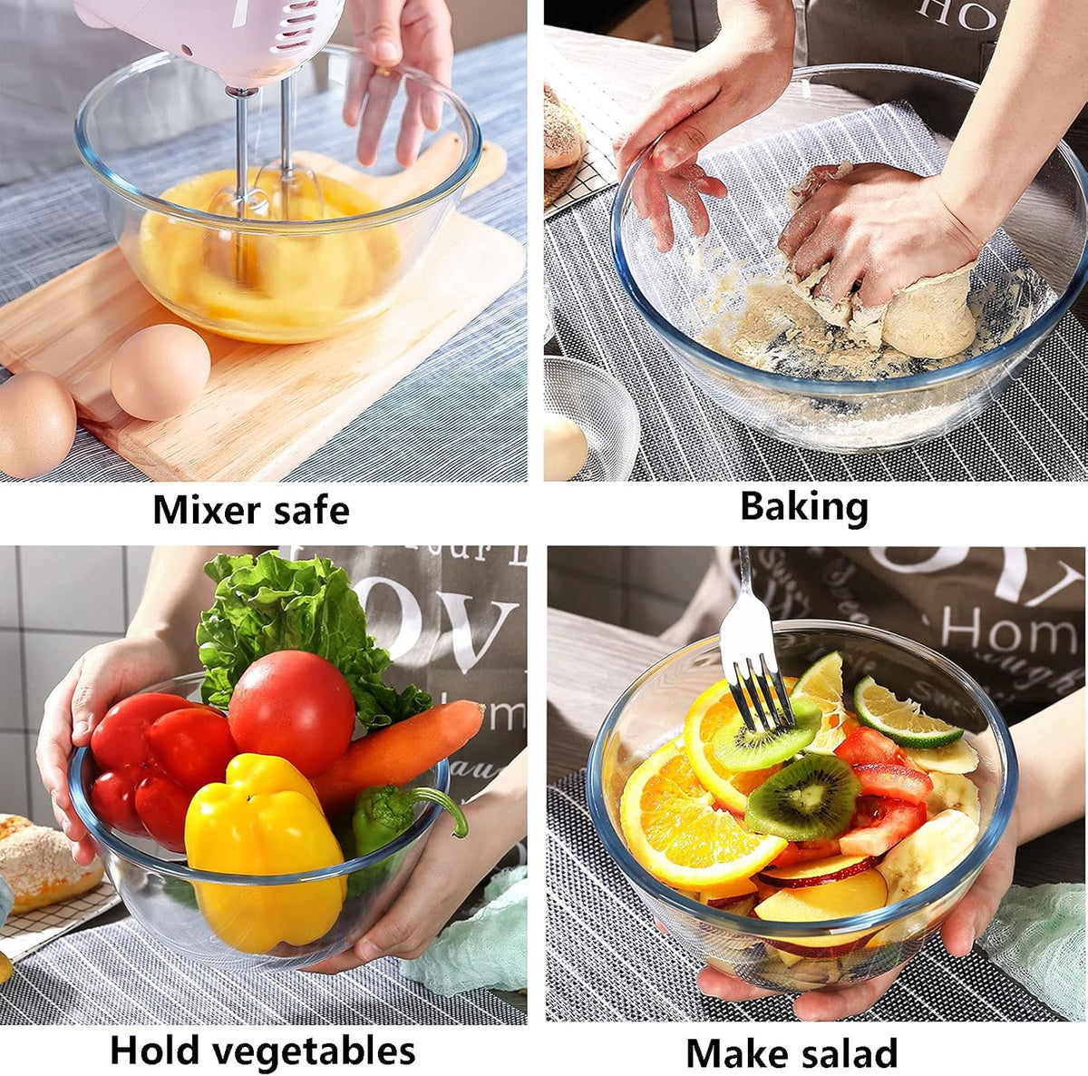 Glass Mixing Bowls with Lids Set, 8 Pieces Glass Salad Bowl Set with Lids(0.6QT,1.1QT,2.2QT,4QT) High Brosilicate Microwave Bowls for Kitchen Baking, Prepping Serving and Storage, Great Gift