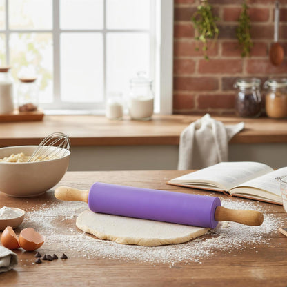 Rolling Pin for Baking, 12 Inch Non-Stick Silicone Surface, Wooden Handle Rolling Pin for Baking Pies, Pastry, Cookies, Kitchen Essential
