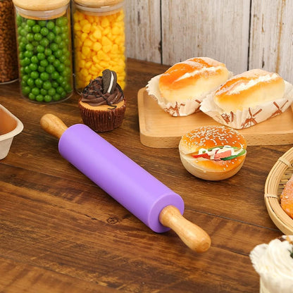 Rolling Pin for Baking, 12 Inch Non-Stick Silicone Surface, Wooden Handle Rolling Pin for Baking Pies, Pastry, Cookies, Kitchen Essential