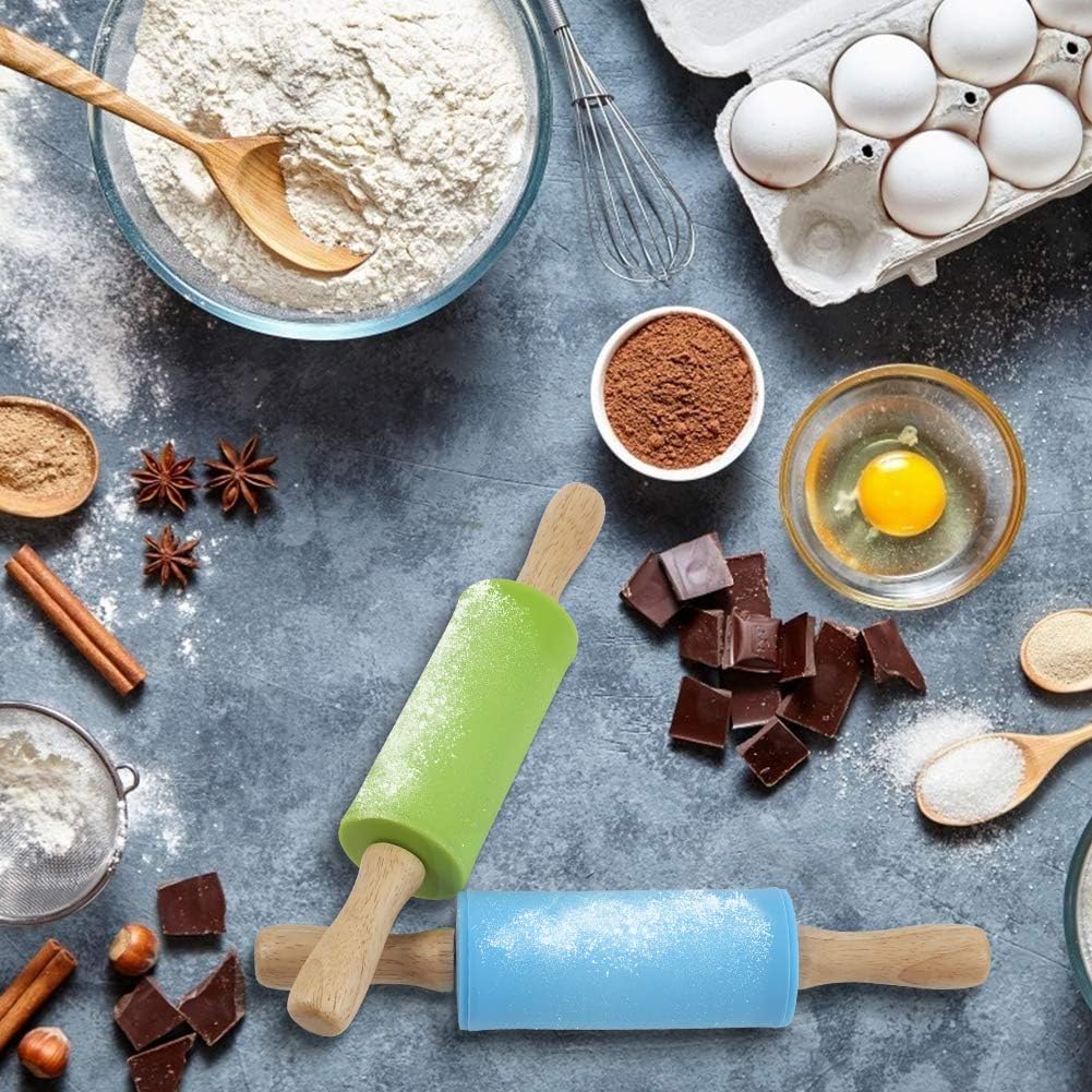 Rolling Pin for Baking, 12 Inch Non-Stick Silicone Surface, Wooden Handle Rolling Pin for Baking Pies, Pastry, Cookies, Kitchen Essential