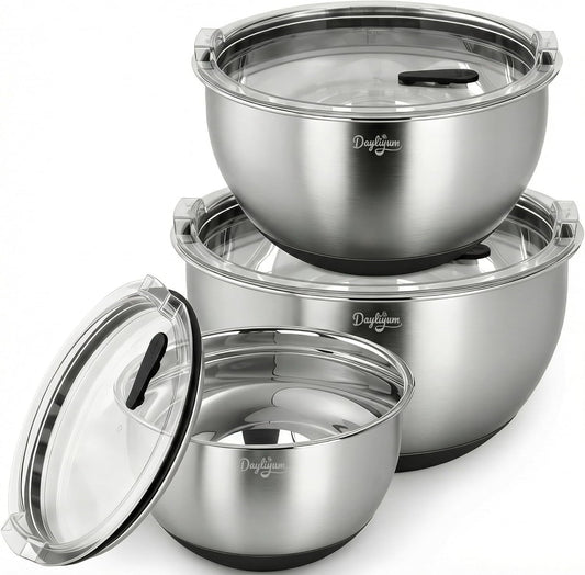Mixing Bowls with Clear Airtight Lids, 3-Piece Stainless Steel Set, Black | Silicone Vent Plug, Secure Seal Design, 1.5/3/5 QT, Dishwasher-Safe Lids, Non-Slip Base, Measurement Marks, Nesting Design