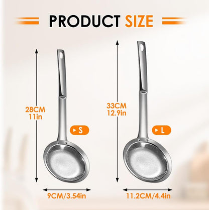 Fine Mesh Strainer with Handle, Stainless Steel Fat Skimmer Spoon, Oil Colander Food Strainer for Skimming Grease and Foam DIA 4.4" (Large)