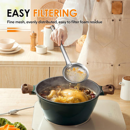 Fine Mesh Strainer with Handle, Stainless Steel Fat Skimmer Spoon, Oil Colander Food Strainer for Skimming Grease and Foam DIA 4.4" (Large)