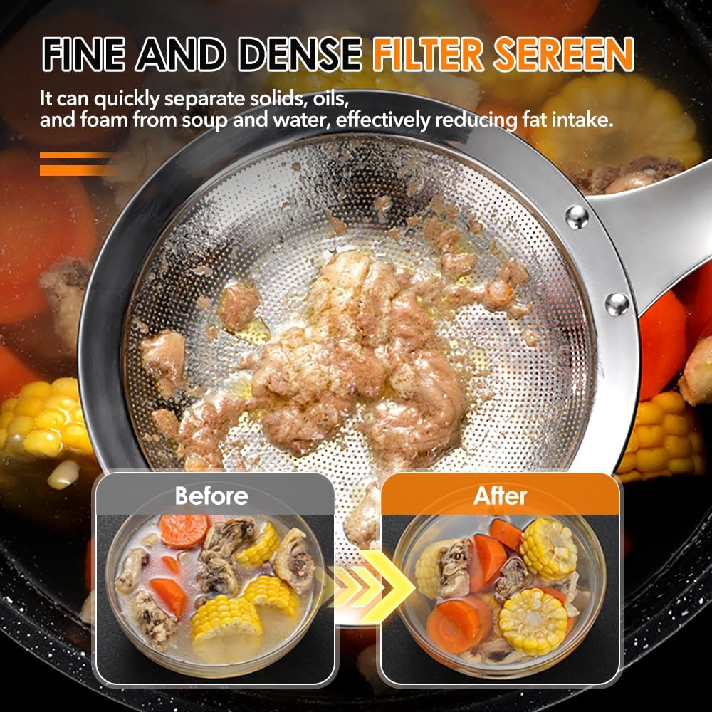 Fine Mesh Strainer with Handle, Stainless Steel Fat Skimmer Spoon, Oil Colander Food Strainer for Skimming Grease and Foam DIA 4.4" (Large)