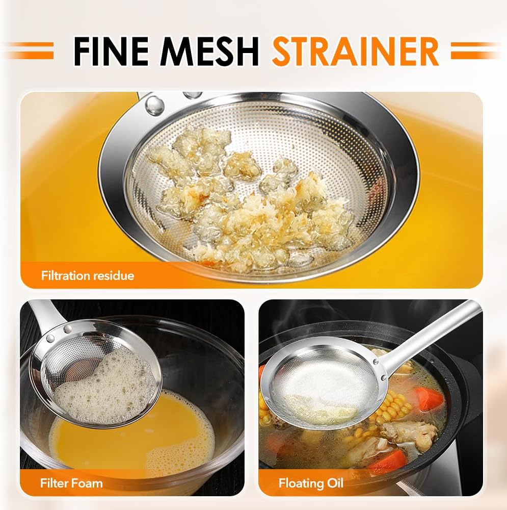 Fine Mesh Strainer with Handle, Stainless Steel Fat Skimmer Spoon, Oil Colander Food Strainer for Skimming Grease and Foam DIA 4.4" (Large)