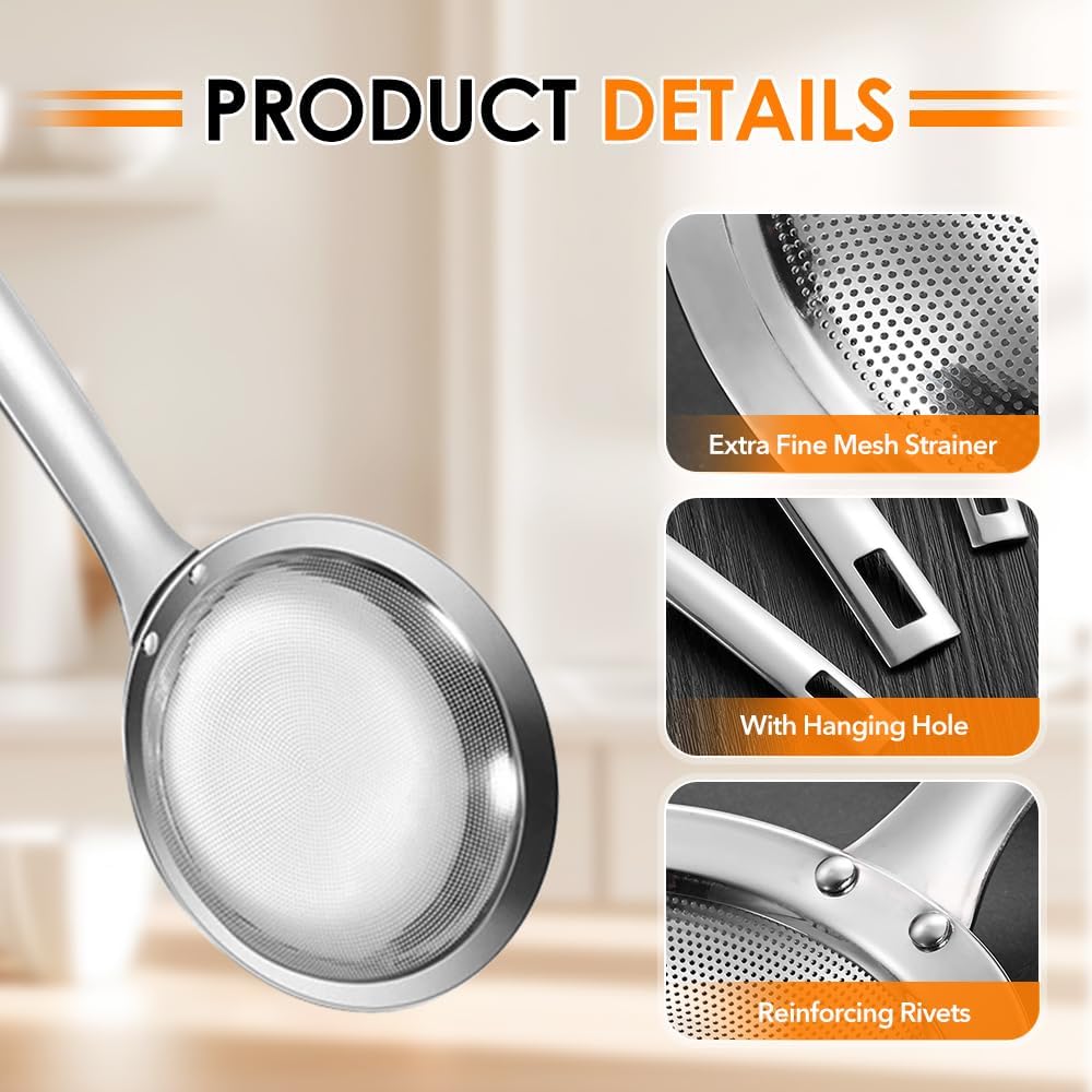 Fine Mesh Strainer with Handle, Stainless Steel Fat Skimmer Spoon, Oil Colander Food Strainer for Skimming Grease and Foam DIA 4.4" (Large)