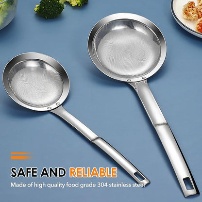 Fine Mesh Strainer with Handle, Stainless Steel Fat Skimmer Spoon, Oil Colander Food Strainer for Skimming Grease and Foam DIA 4.4" (Large)