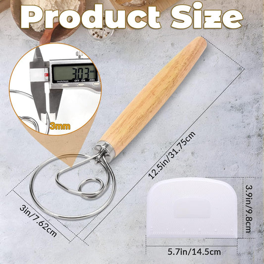 Danish Dough Whisk, 12.5 Inch Dutch Style Bread Whisk with Dough Scraper, Stainless Steel Danish Sourdough Whisks for Bread Pastry Pizza Cake Baking