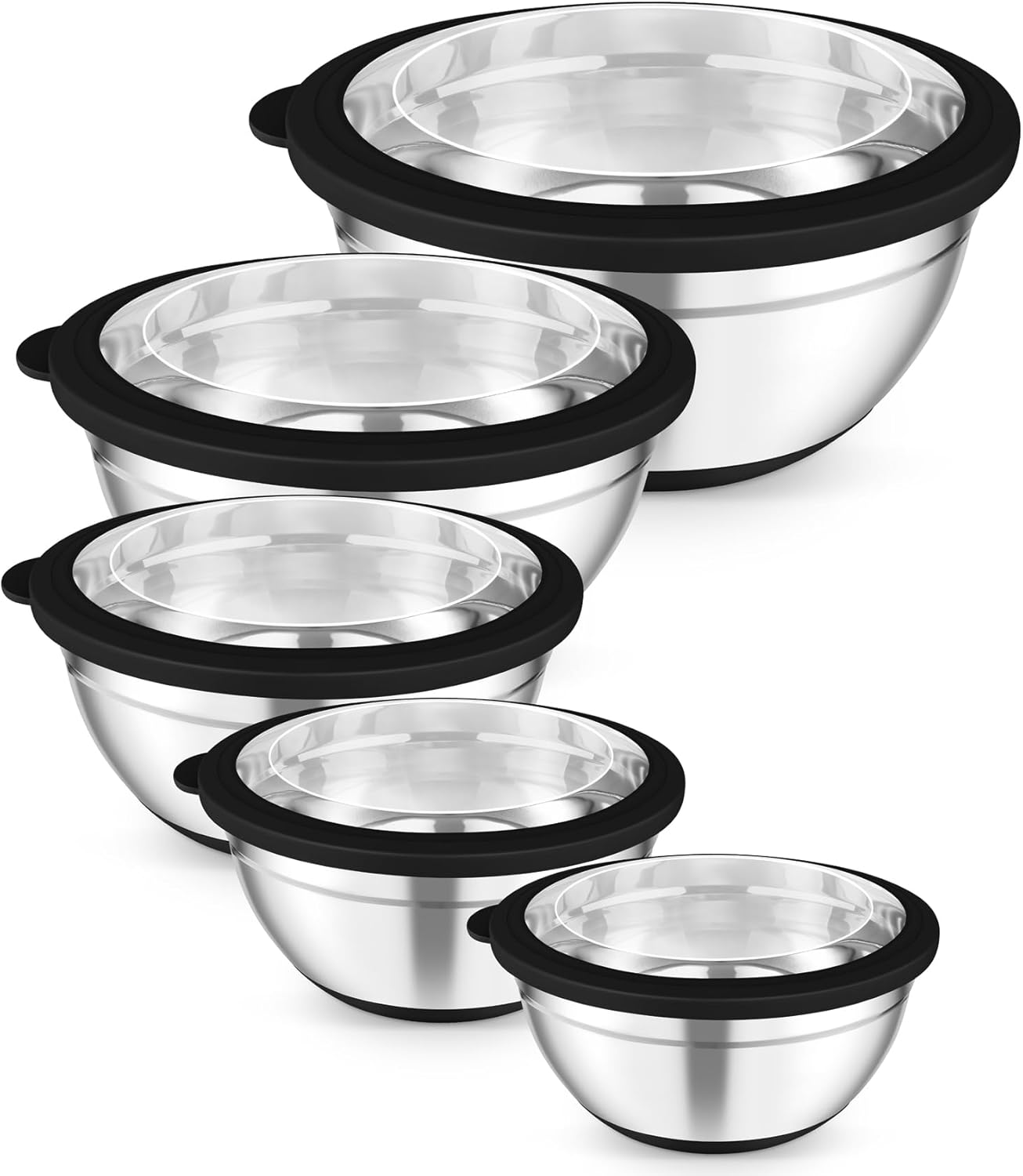Mixing Bowls, Salad Bowls with Transparent Airtight Lids, Black | 5PCS Stainless Steel Serving Bowls For Kitchen Mixing/Baking/Storing/Prepping, Non-Slip Bottom - 4.6/3.5/1.5/1/0.7 QT