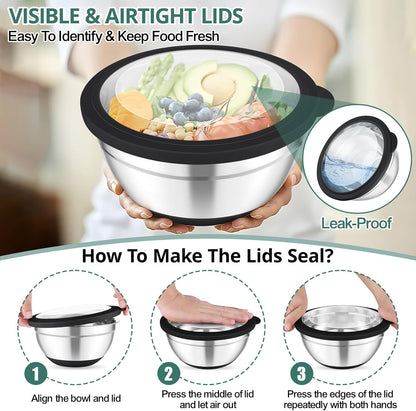 Mixing Bowls, Salad Bowls with Transparent Airtight Lids, Black | 5PCS Stainless Steel Serving Bowls For Kitchen Mixing/Baking/Storing/Prepping, Non-Slip Bottom - 4.6/3.5/1.5/1/0.7 QT