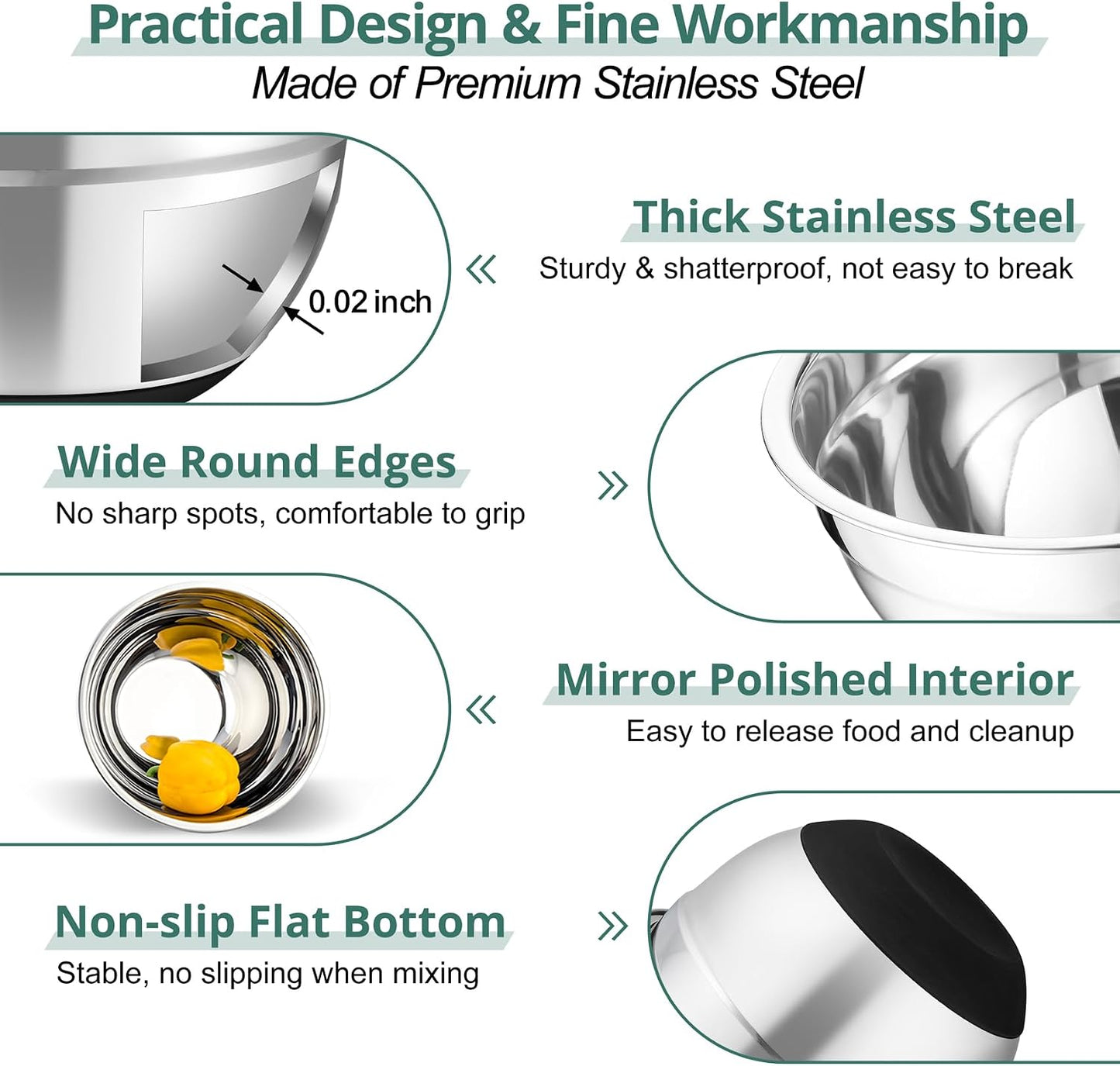 Mixing Bowls, Salad Bowls with Transparent Airtight Lids, Black | 5PCS Stainless Steel Serving Bowls For Kitchen Mixing/Baking/Storing/Prepping, Non-Slip Bottom - 4.6/3.5/1.5/1/0.7 QT