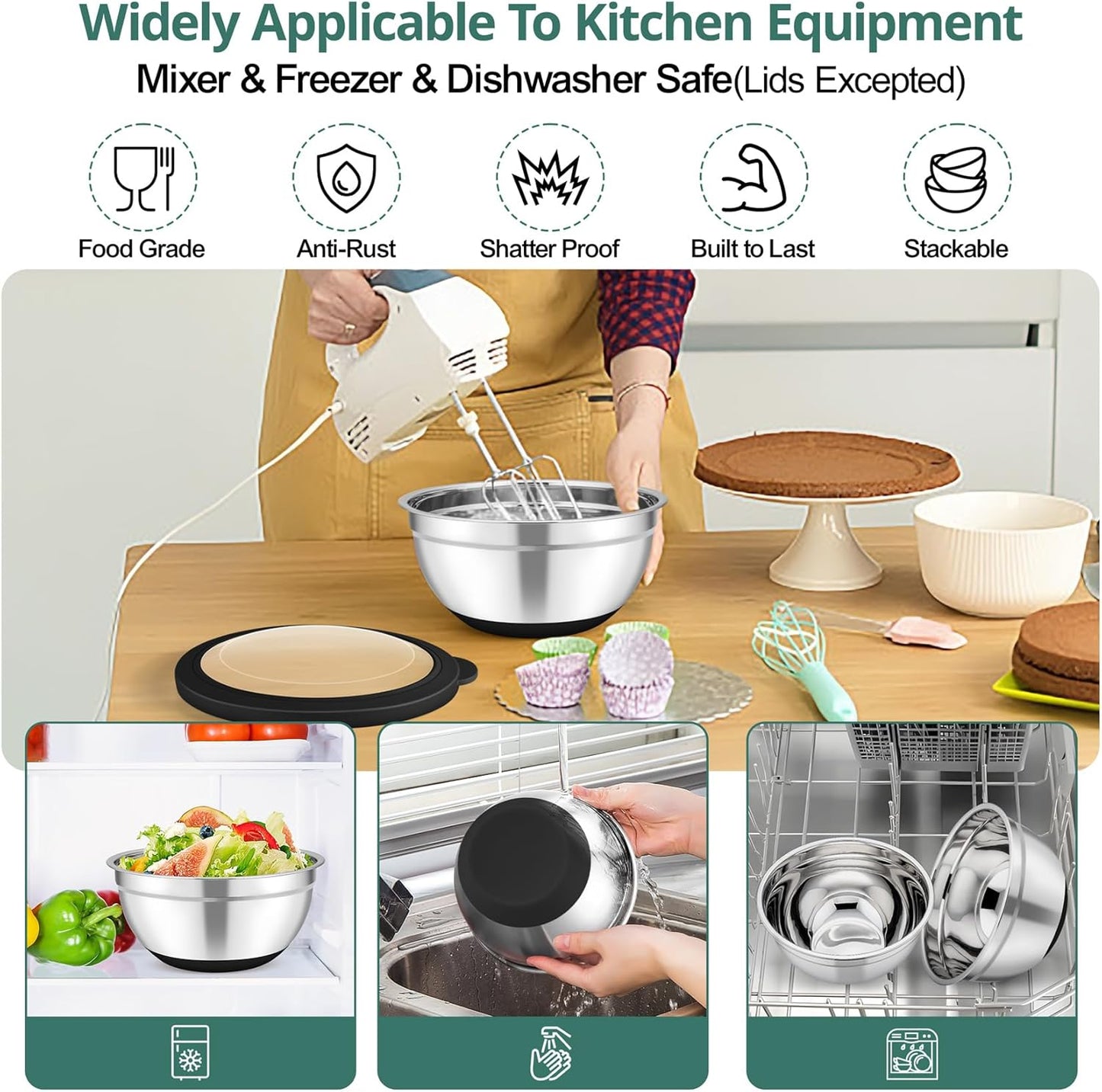 Mixing Bowls, Salad Bowls with Transparent Airtight Lids, Black | 5PCS Stainless Steel Serving Bowls For Kitchen Mixing/Baking/Storing/Prepping, Non-Slip Bottom - 4.6/3.5/1.5/1/0.7 QT