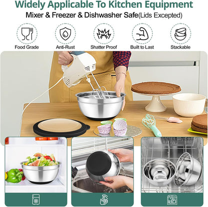 Mixing Bowls, Salad Bowls with Transparent Airtight Lids, Black | 5PCS Stainless Steel Serving Bowls For Kitchen Mixing/Baking/Storing/Prepping, Non-Slip Bottom - 4.6/3.5/1.5/1/0.7 QT