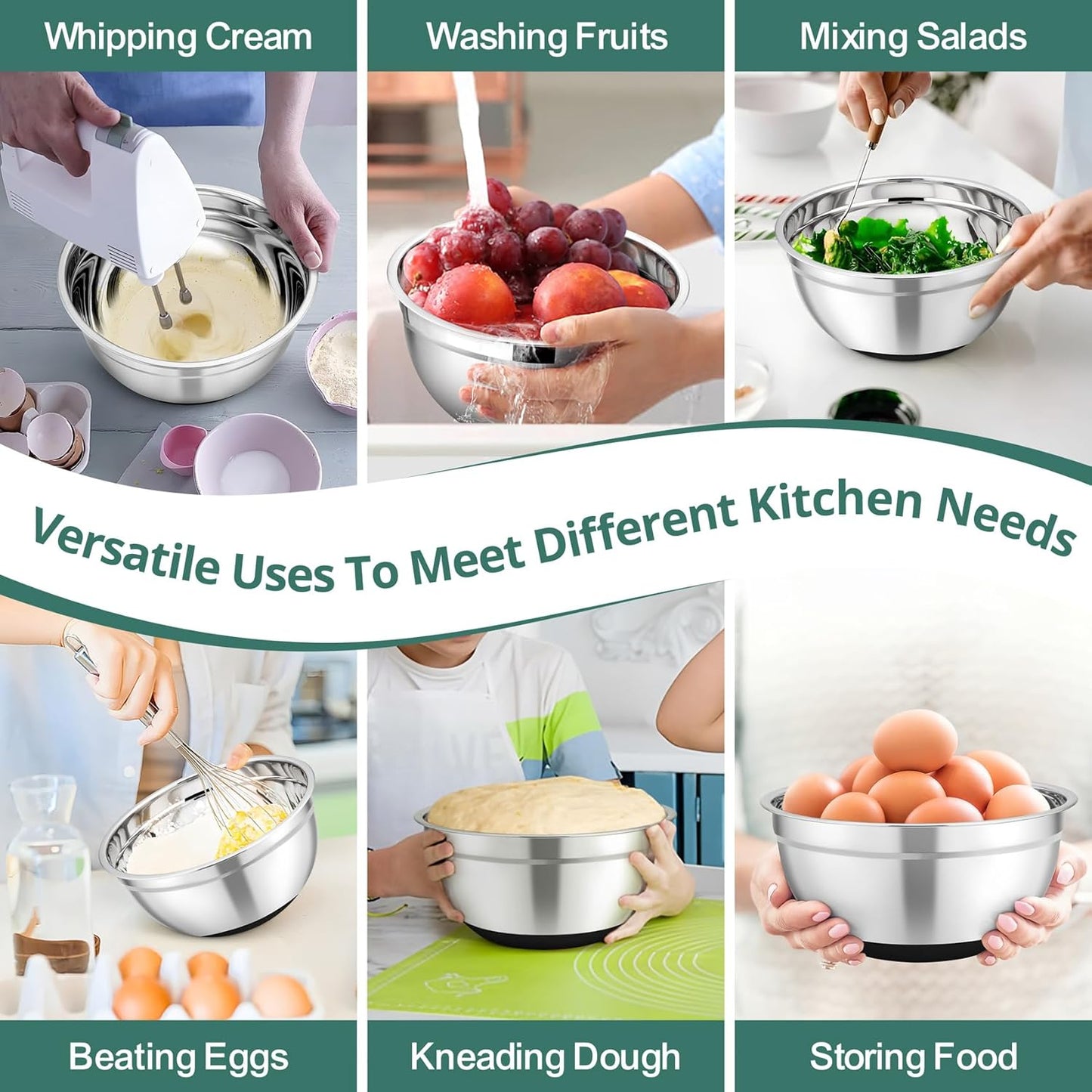 Mixing Bowls, Salad Bowls with Transparent Airtight Lids, Black | 5PCS Stainless Steel Serving Bowls For Kitchen Mixing/Baking/Storing/Prepping, Non-Slip Bottom - 4.6/3.5/1.5/1/0.7 QT