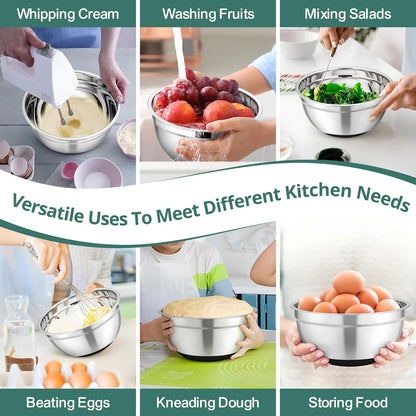 Mixing Bowls, Salad Bowls with Transparent Airtight Lids, Black | 5PCS Stainless Steel Serving Bowls For Kitchen Mixing/Baking/Storing/Prepping, Non-Slip Bottom - 4.6/3.5/1.5/1/0.7 QT