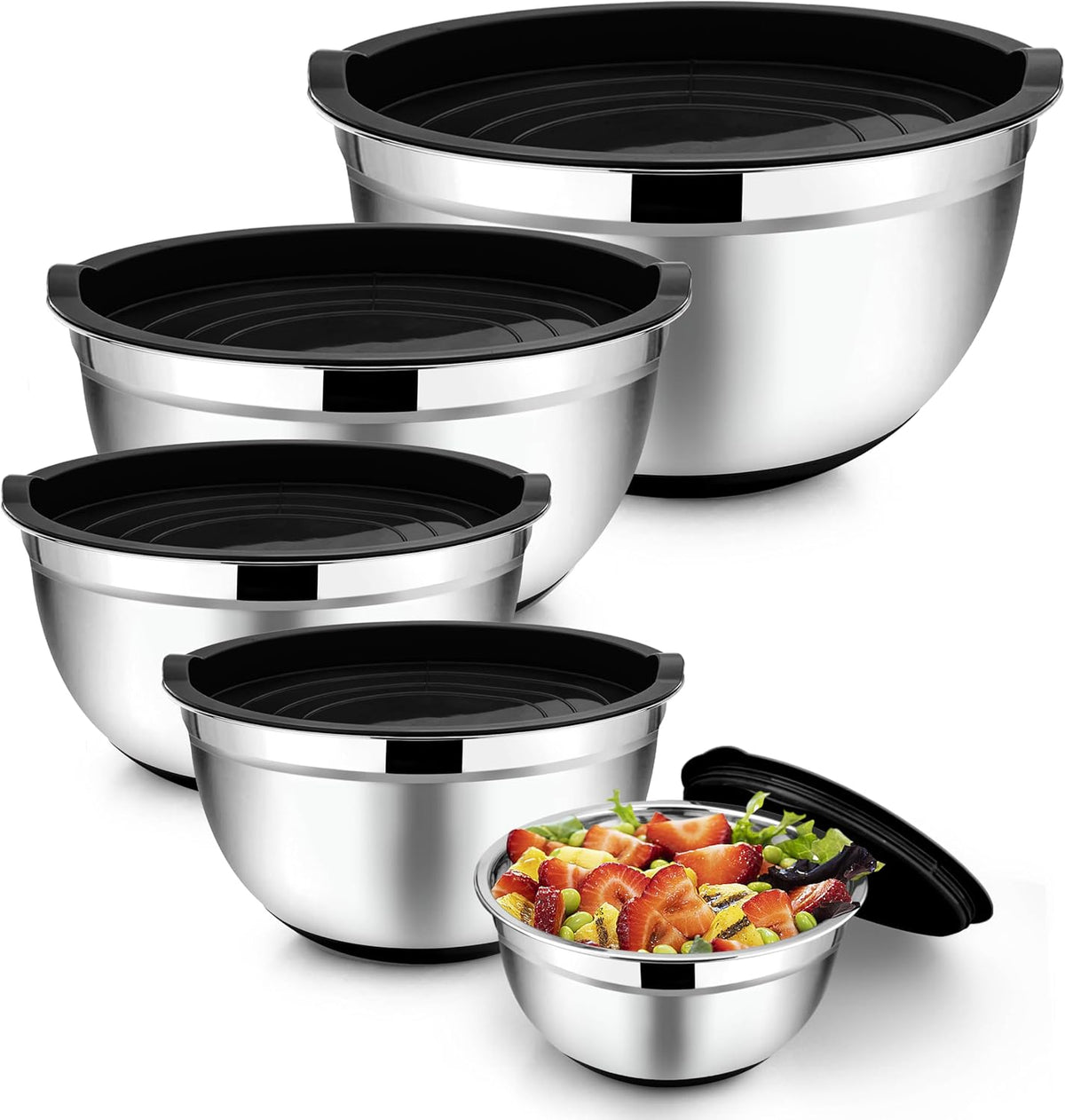 Mixing Bowls, Salad Bowls with Transparent Airtight Lids, Black | 5PCS Stainless Steel Serving Bowls For Kitchen Mixing/Baking/Storing/Prepping, Non-Slip Bottom - 4.6/3.5/1.5/1/0.7 QT