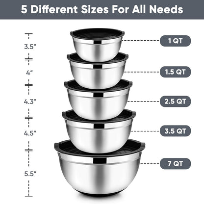 Mixing Bowls, Salad Bowls with Transparent Airtight Lids, Black | 5PCS Stainless Steel Serving Bowls For Kitchen Mixing/Baking/Storing/Prepping, Non-Slip Bottom - 4.6/3.5/1.5/1/0.7 QT