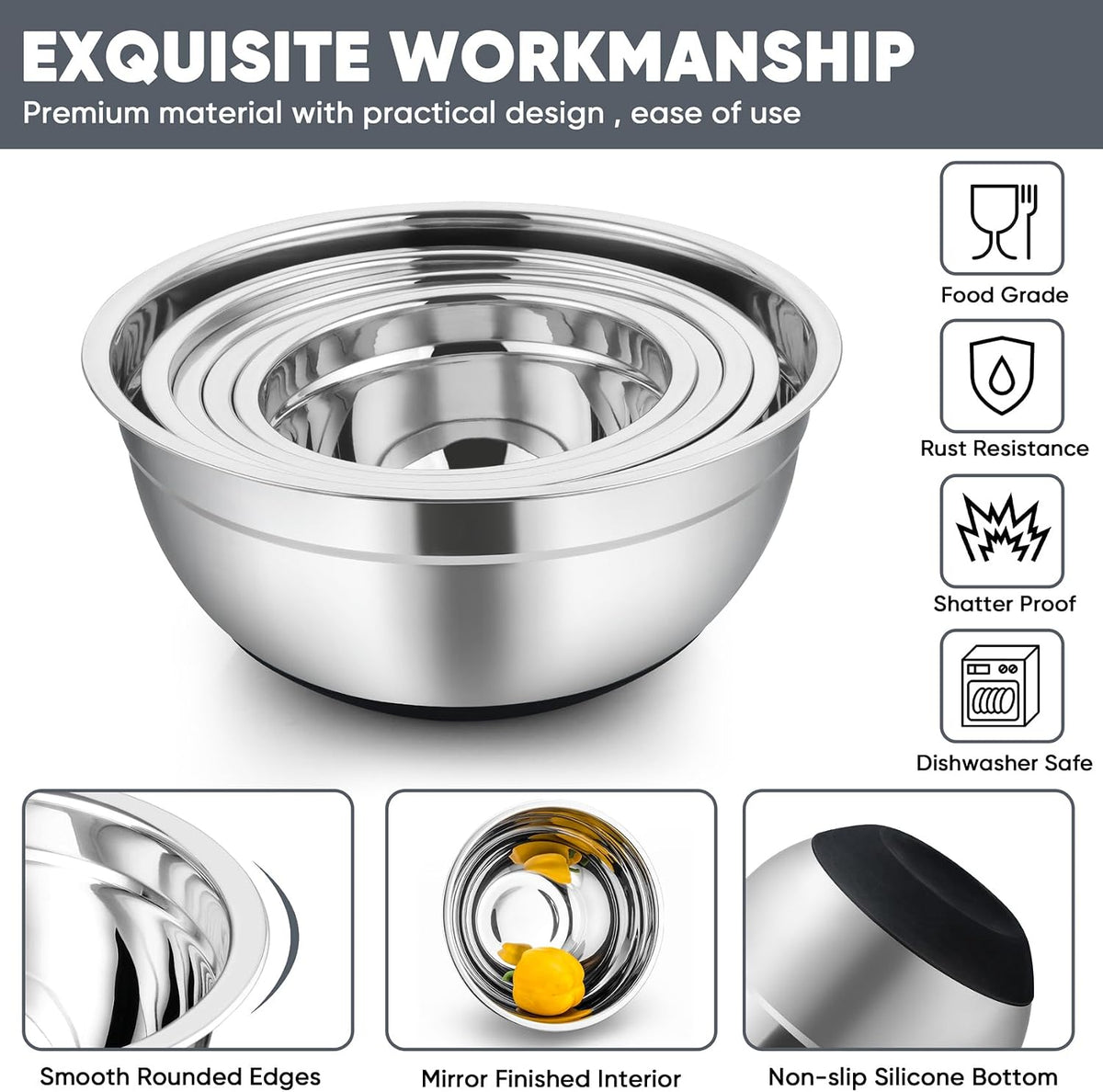 Mixing Bowls, Salad Bowls with Transparent Airtight Lids, Black | 5PCS Stainless Steel Serving Bowls For Kitchen Mixing/Baking/Storing/Prepping, Non-Slip Bottom - 4.6/3.5/1.5/1/0.7 QT