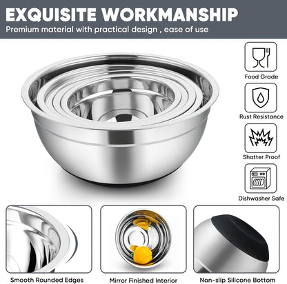 Mixing Bowls, Salad Bowls with Transparent Airtight Lids, Black | 5PCS Stainless Steel Serving Bowls For Kitchen Mixing/Baking/Storing/Prepping, Non-Slip Bottom - 4.6/3.5/1.5/1/0.7 QT