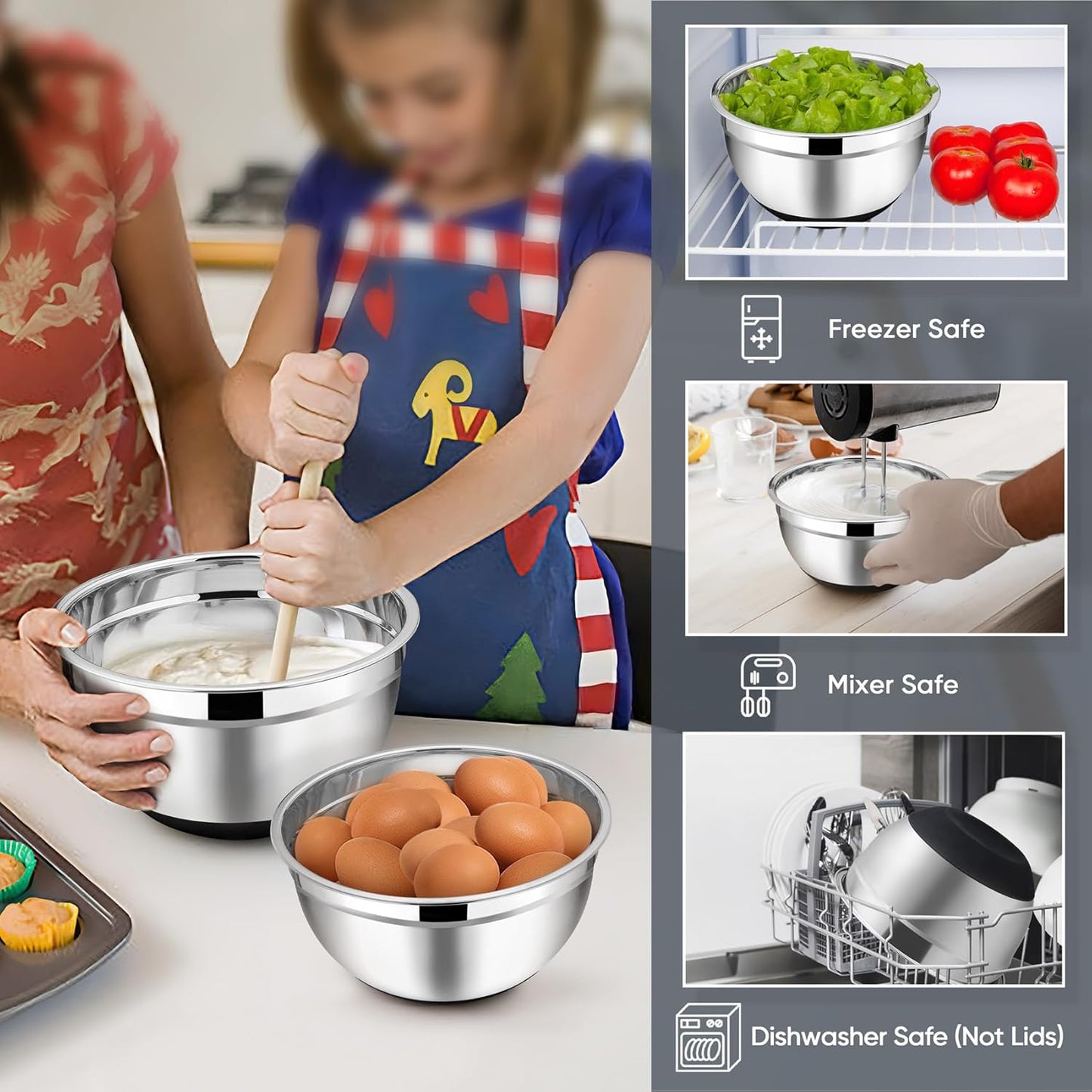 Mixing Bowls, Salad Bowls with Transparent Airtight Lids, Black | 5PCS Stainless Steel Serving Bowls For Kitchen Mixing/Baking/Storing/Prepping, Non-Slip Bottom - 4.6/3.5/1.5/1/0.7 QT