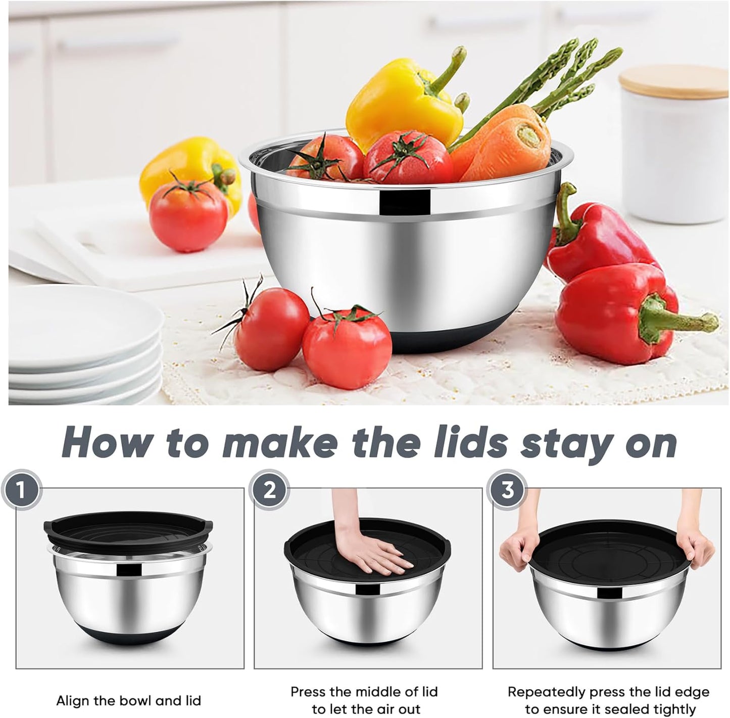 Mixing Bowls, Salad Bowls with Transparent Airtight Lids, Black | 5PCS Stainless Steel Serving Bowls For Kitchen Mixing/Baking/Storing/Prepping, Non-Slip Bottom - 4.6/3.5/1.5/1/0.7 QT