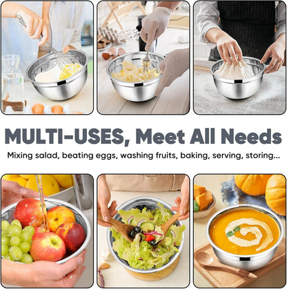 Mixing Bowls, Salad Bowls with Transparent Airtight Lids, Black | 5PCS Stainless Steel Serving Bowls For Kitchen Mixing/Baking/Storing/Prepping, Non-Slip Bottom - 4.6/3.5/1.5/1/0.7 QT