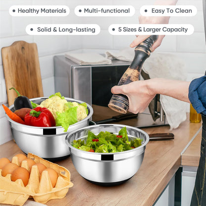 Mixing Bowls, Salad Bowls with Transparent Airtight Lids, Black | 5PCS Stainless Steel Serving Bowls For Kitchen Mixing/Baking/Storing/Prepping, Non-Slip Bottom - 4.6/3.5/1.5/1/0.7 QT