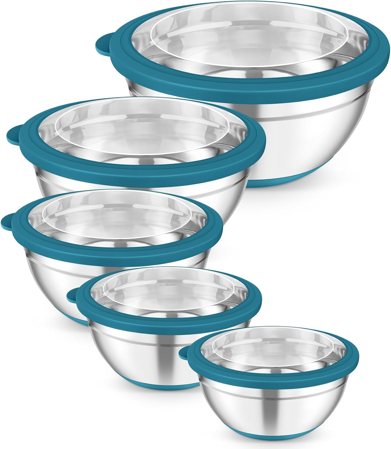 Mixing Bowls, Salad Bowls with Transparent Airtight Lids, Black | 5PCS Stainless Steel Serving Bowls For Kitchen Mixing/Baking/Storing/Prepping, Non-Slip Bottom - 4.6/3.5/1.5/1/0.7 QT