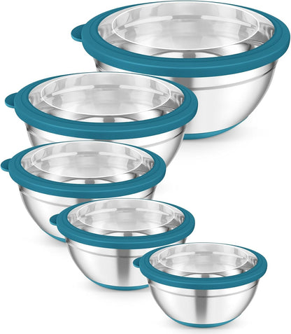Mixing Bowls, Salad Bowls with Transparent Airtight Lids, Black | 5PCS Stainless Steel Serving Bowls For Kitchen Mixing/Baking/Storing/Prepping, Non-Slip Bottom - 4.6/3.5/1.5/1/0.7 QT