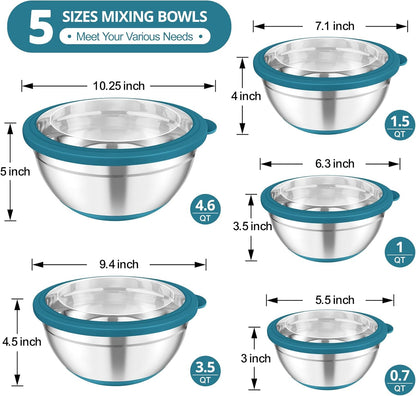 Mixing Bowls, Salad Bowls with Transparent Airtight Lids, Black | 5PCS Stainless Steel Serving Bowls For Kitchen Mixing/Baking/Storing/Prepping, Non-Slip Bottom - 4.6/3.5/1.5/1/0.7 QT