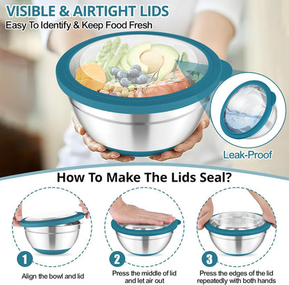 Mixing Bowls, Salad Bowls with Transparent Airtight Lids, Black | 5PCS Stainless Steel Serving Bowls For Kitchen Mixing/Baking/Storing/Prepping, Non-Slip Bottom - 4.6/3.5/1.5/1/0.7 QT