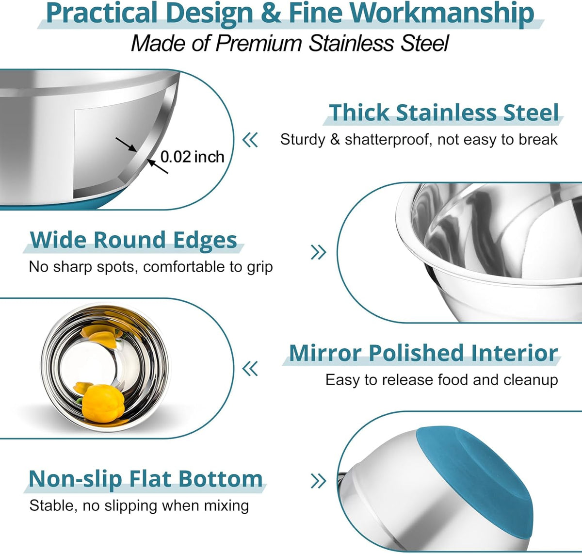 Mixing Bowls, Salad Bowls with Transparent Airtight Lids, Black | 5PCS Stainless Steel Serving Bowls For Kitchen Mixing/Baking/Storing/Prepping, Non-Slip Bottom - 4.6/3.5/1.5/1/0.7 QT