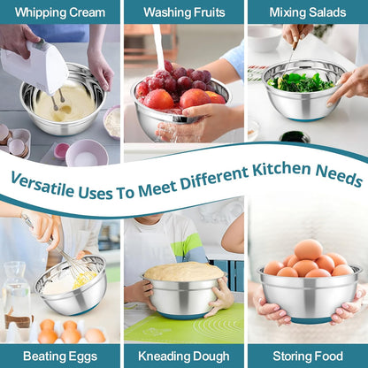 Mixing Bowls, Salad Bowls with Transparent Airtight Lids, Black | 5PCS Stainless Steel Serving Bowls For Kitchen Mixing/Baking/Storing/Prepping, Non-Slip Bottom - 4.6/3.5/1.5/1/0.7 QT